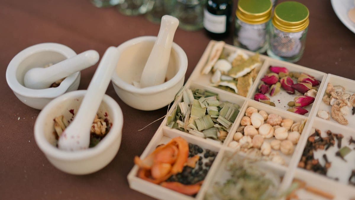 Fresh herbs, spices and whole-food ingredients laid out for preparation