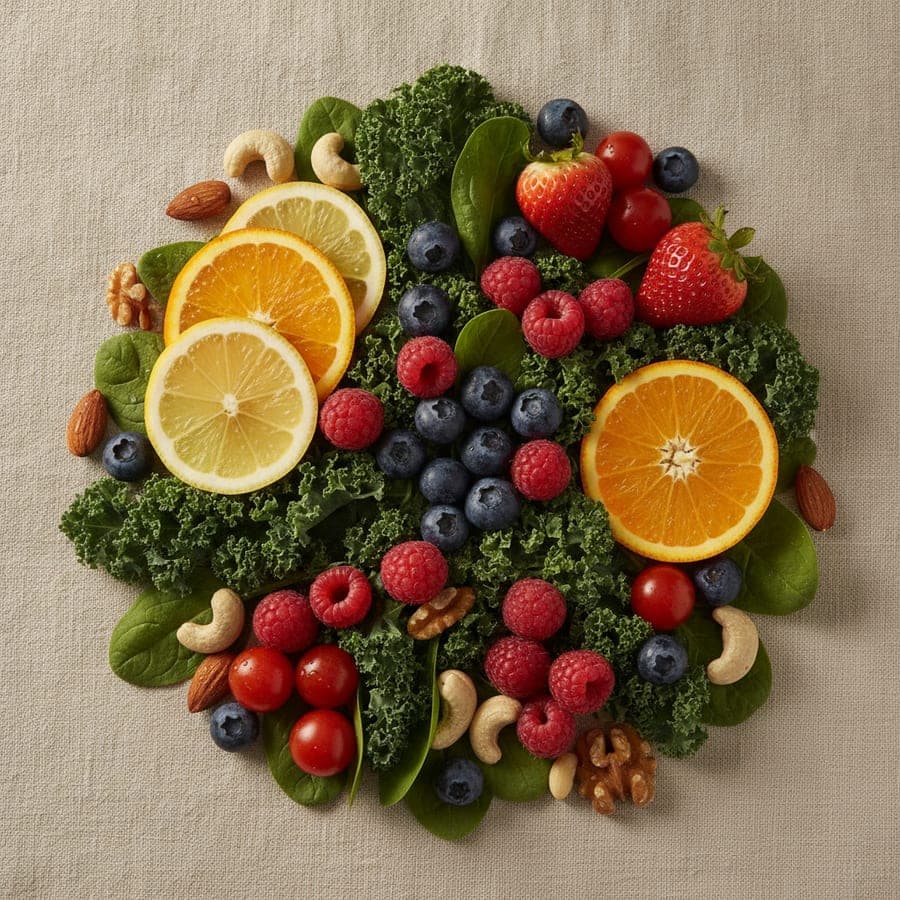 A vibrant circular arrangement of fresh whole foods, berries, greens and citrus