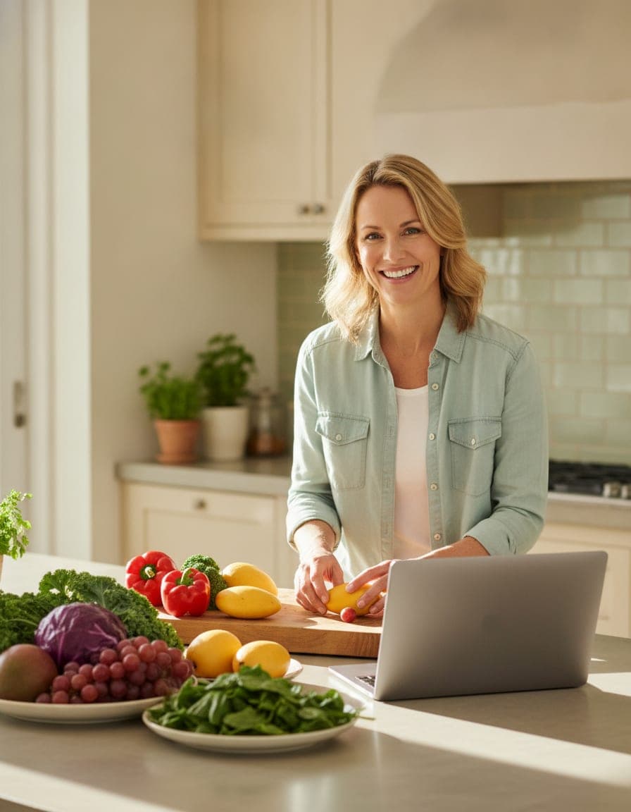 An adult arranging colorful fresh whole foods beside a laptop during an online nutrition class