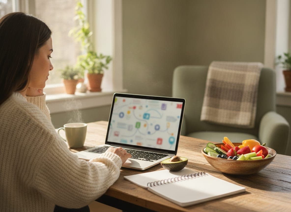 An adult watching an online class on a laptop at home, with a notebook and fresh fruit nearby